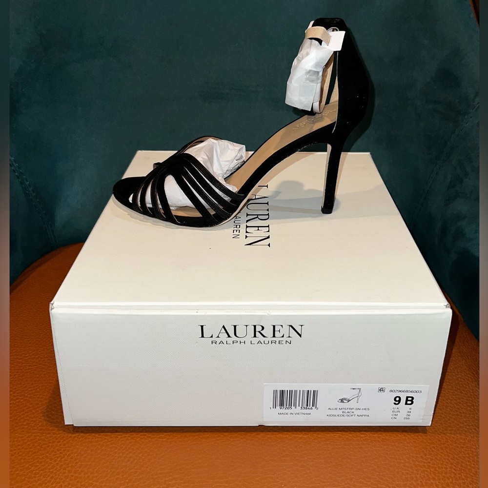 Lauren Ralph Lauren Allie black Suede & Leather Multi-Strap Sandals – Size 9 NWT